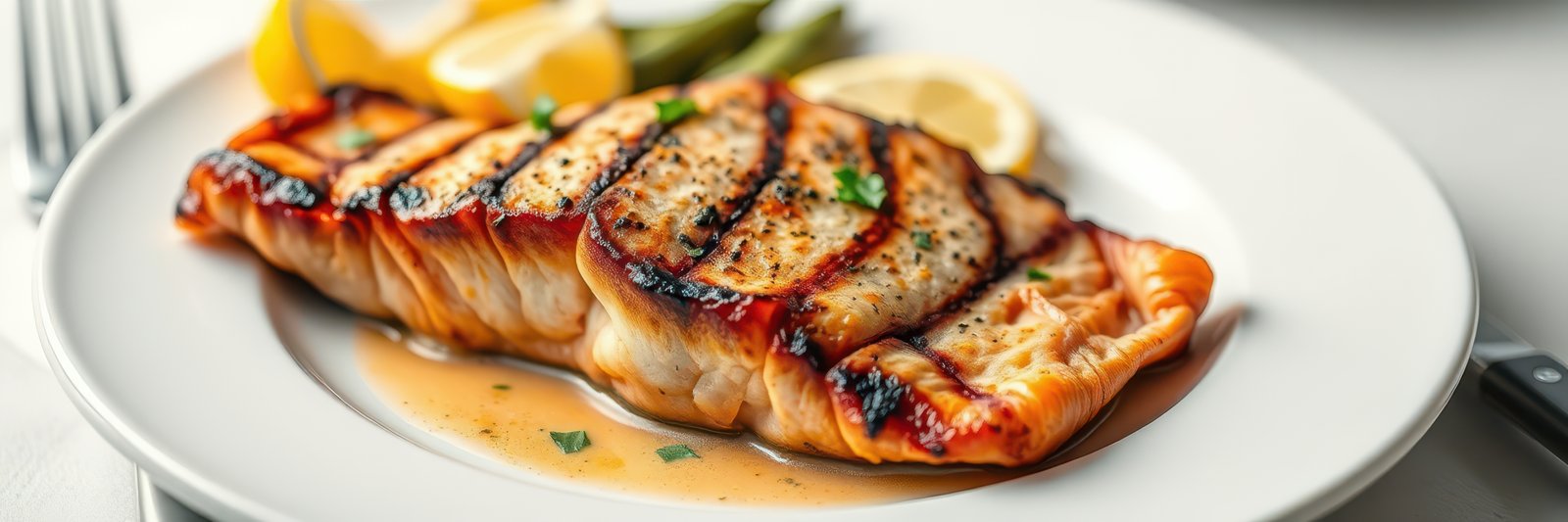 A grilled salmon fillet sits on a white plate with lemon slices and a sauce